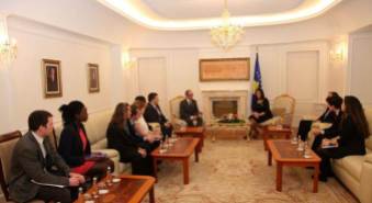 The President of Kosovo, Madam Atifete Jahjaga, Prof. Dr. James A. Sweeney and Masters students on a visit to Kosovo.